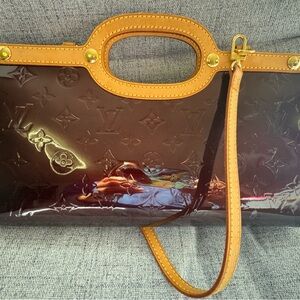 Authentic Louis Vuitton Burgundy and Tan Clutch with Artistic Design